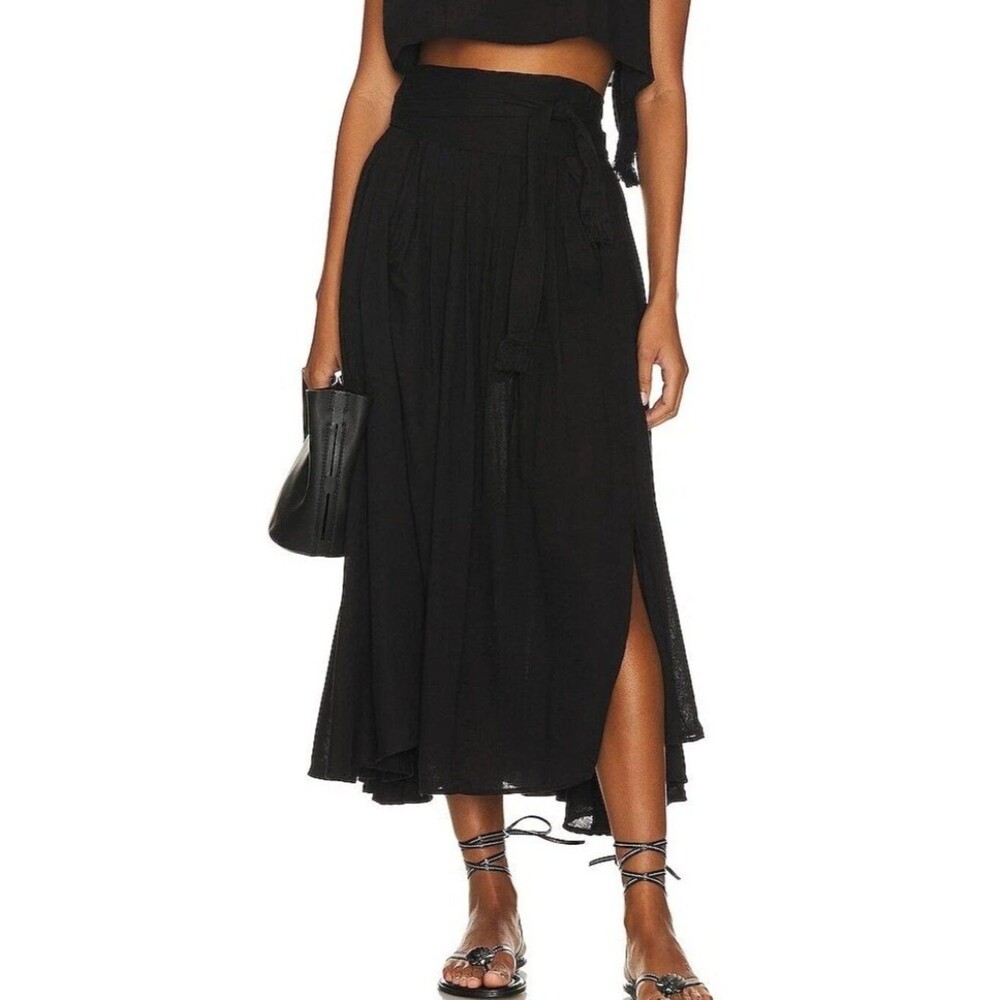 Free People Sundown Midi Skirt Wrap High Waisted Solid Black Cotton L 290384